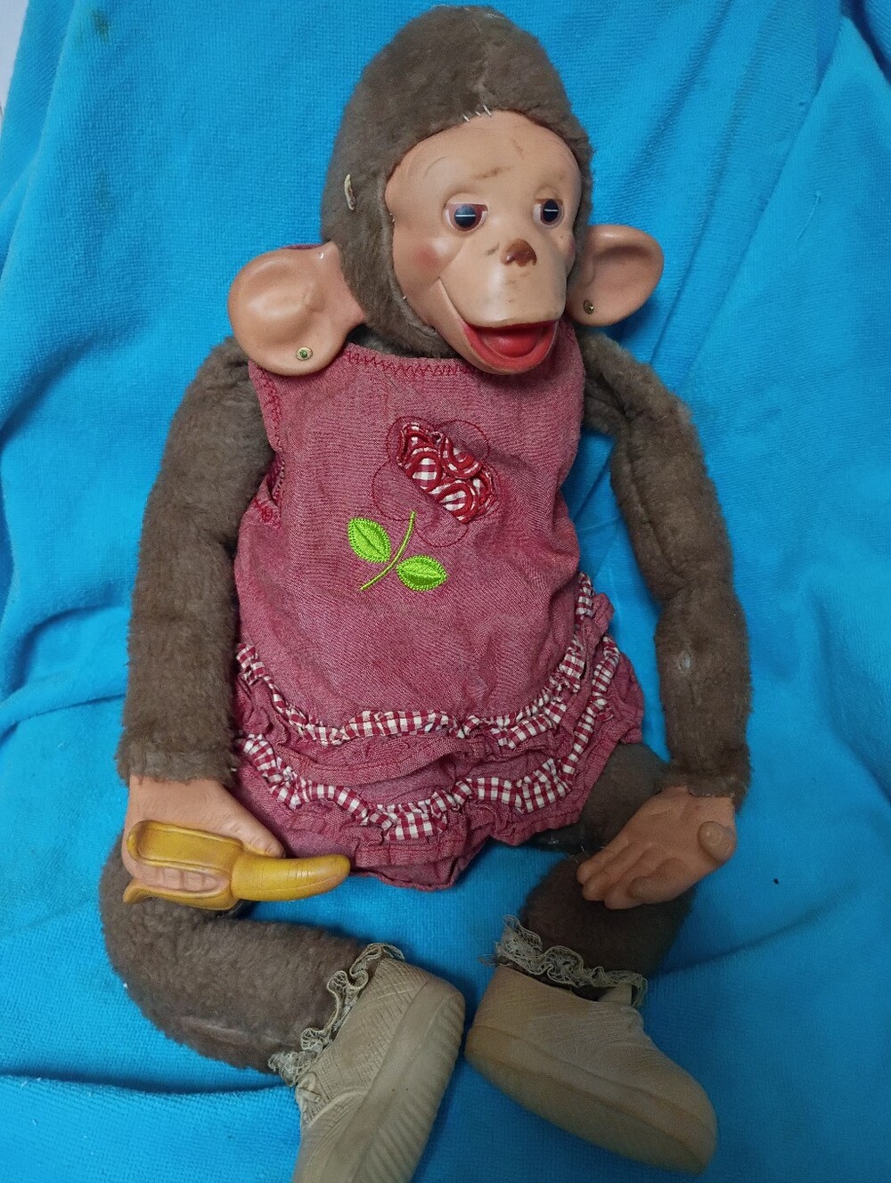 Vintage 1960s Plush Monkey Doll in Pink Dress with Banana